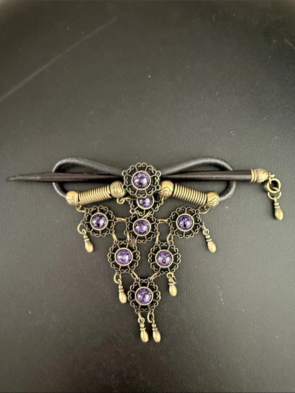 Bohemian Antique Brass Hair Stick with Purple Gem Accents